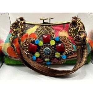 Vtg Mary Frances Handcrafted Embellished Satchel Purse With Faux Gemstones & Flo